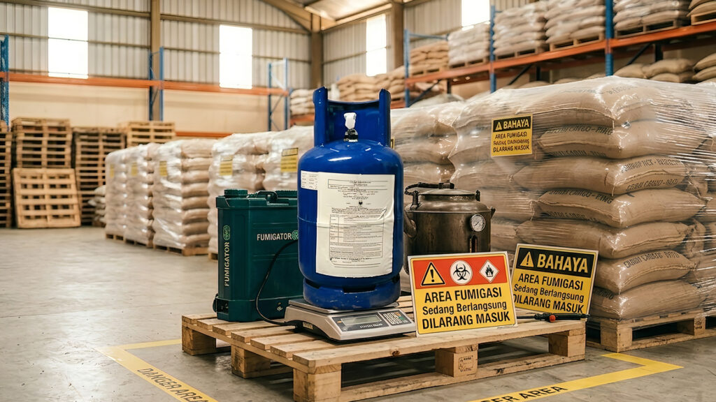 peralatan fumigasi gudang Hygent dengan tabung fumigan dan rambu area fumigasi