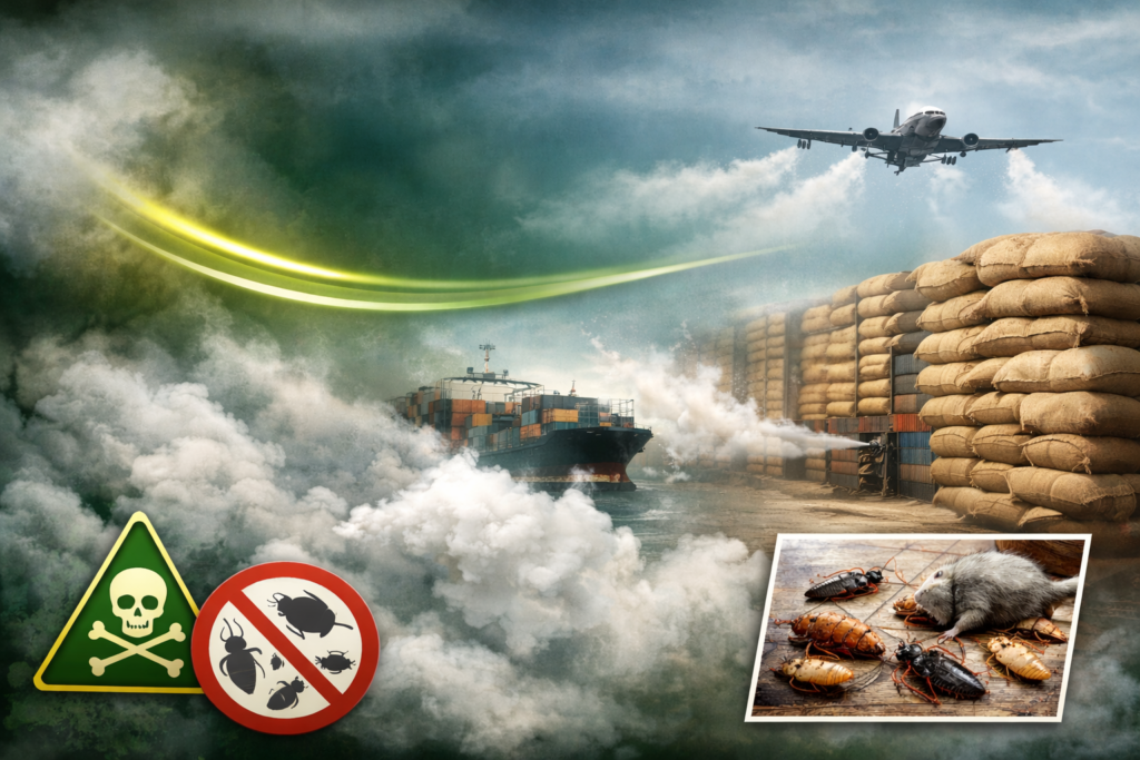 Ilustrasi fumigasi di area pelabuhan dengan kapal kargo, tumpukan karung, asap fumigasi tebal, simbol peringatan bahaya, dan visual hama seperti kecoa dan tikus.