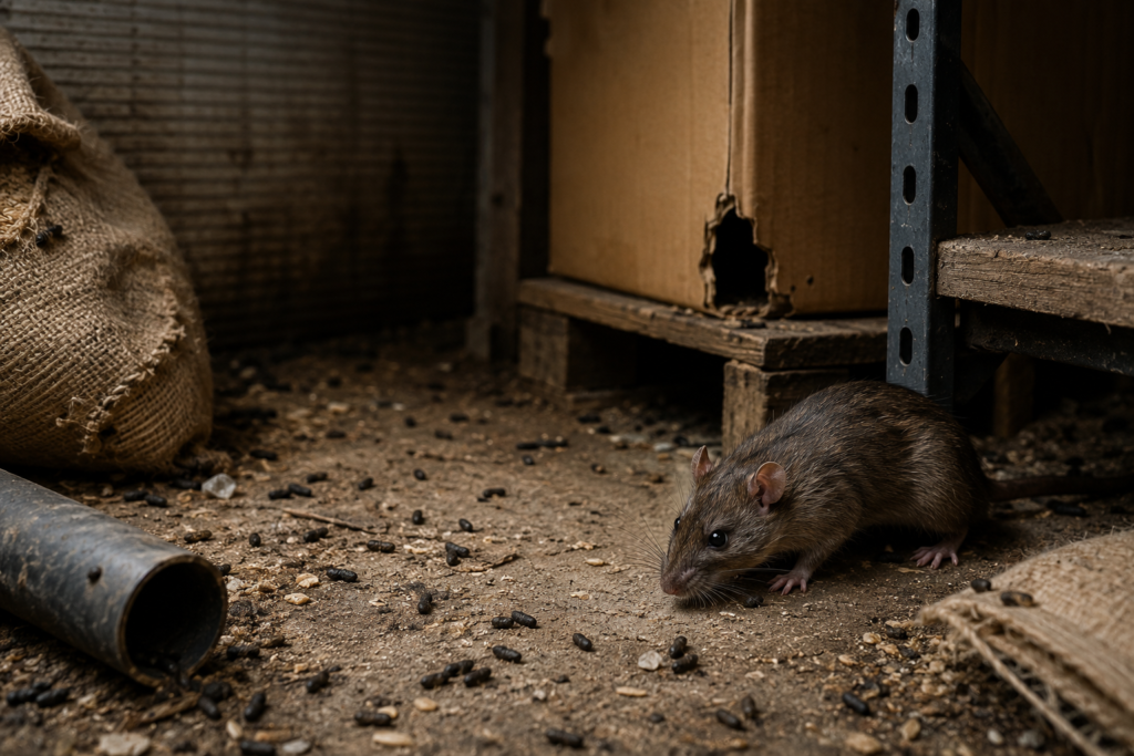 Tikus di gudang kotor dengan kotoran tikus yang berisiko menularkan hantavirus