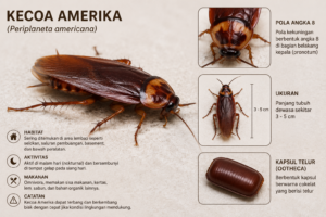 Ilustrasi close-up kecoa Amerika berwarna cokelat kemerahan dengan pola menyerupai angka delapan di bagian kepala dan tubuh berukuran besar.