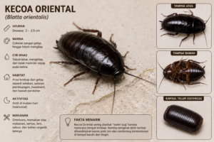 Ilustrasi close-up kecoa Oriental berwarna hitam mengilap dengan tubuh lebar di permukaan terang serta detail kapsul telur dan tampak atas tubuhnya.