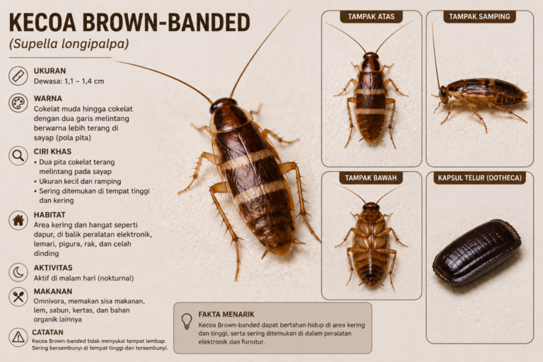 Ilustrasi close-up kecoa Brown-Banded berwarna cokelat dengan dua garis terang melintang di tubuhnya serta detail tampak atas, bawah, dan kapsul telur.