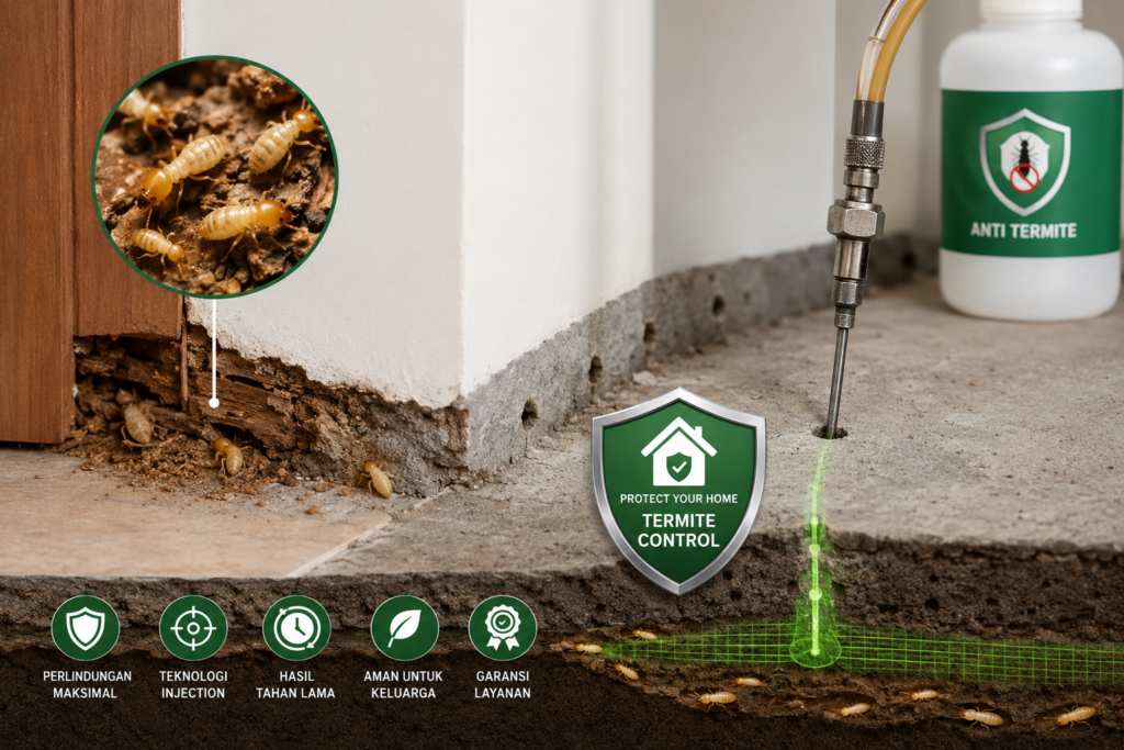 Jasa suntik rayap terdekat menggunakan metode injection profesional untuk perlindungan rumah dari serangan rayap.